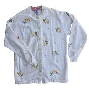 Vtg Art Unlimited Cardigan Sweatshirt Womens LARGE Hummingbirds Flowers USA 90s